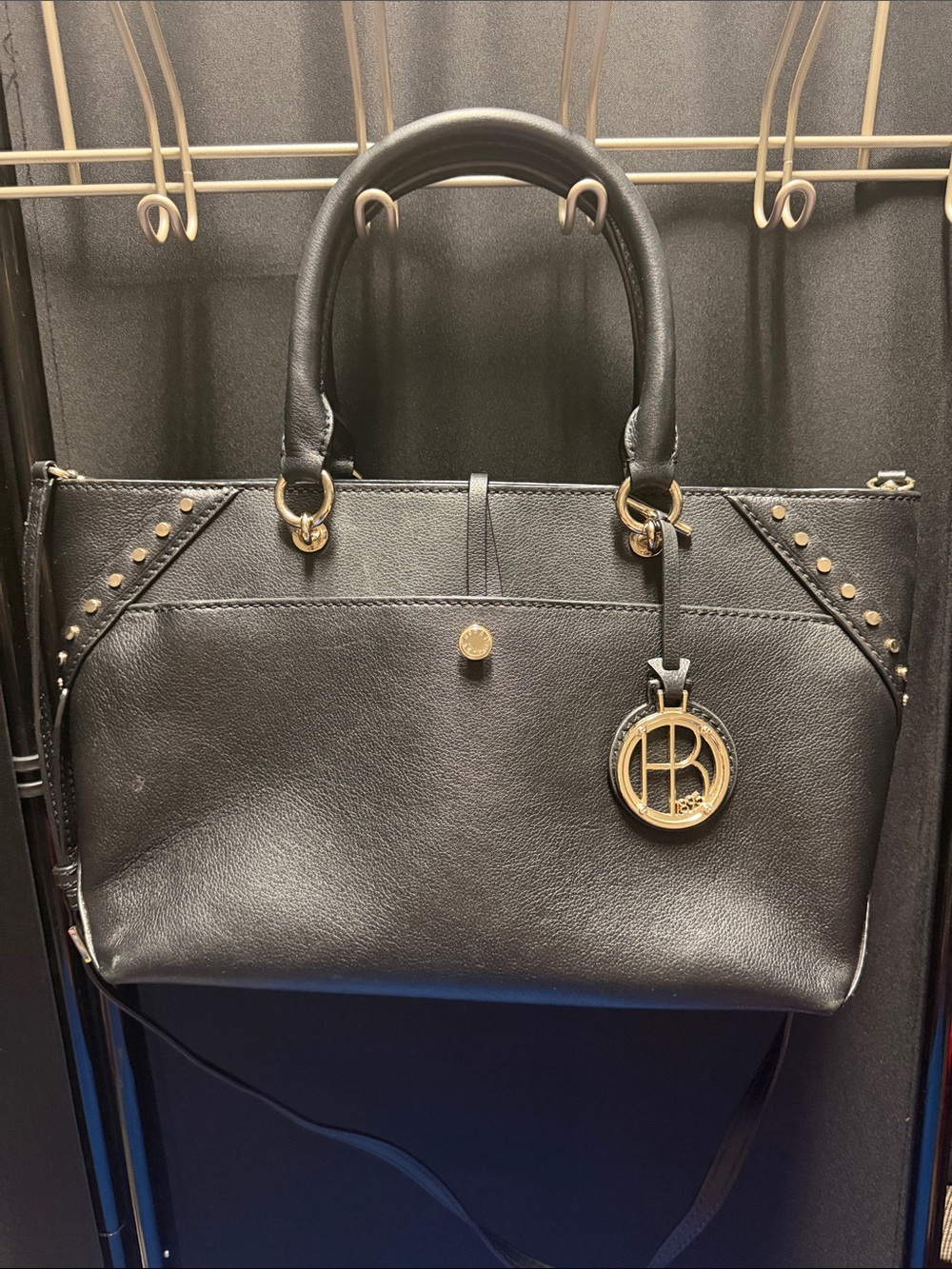 henri bendel Black Leather Satchel with Gold Charm